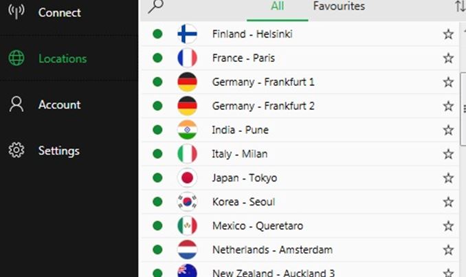A long list of Available Countries in BulletVPN