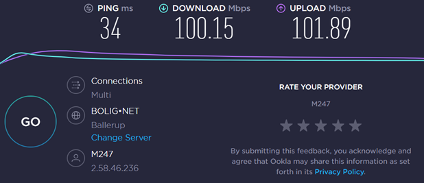 Ookla speed-test results 